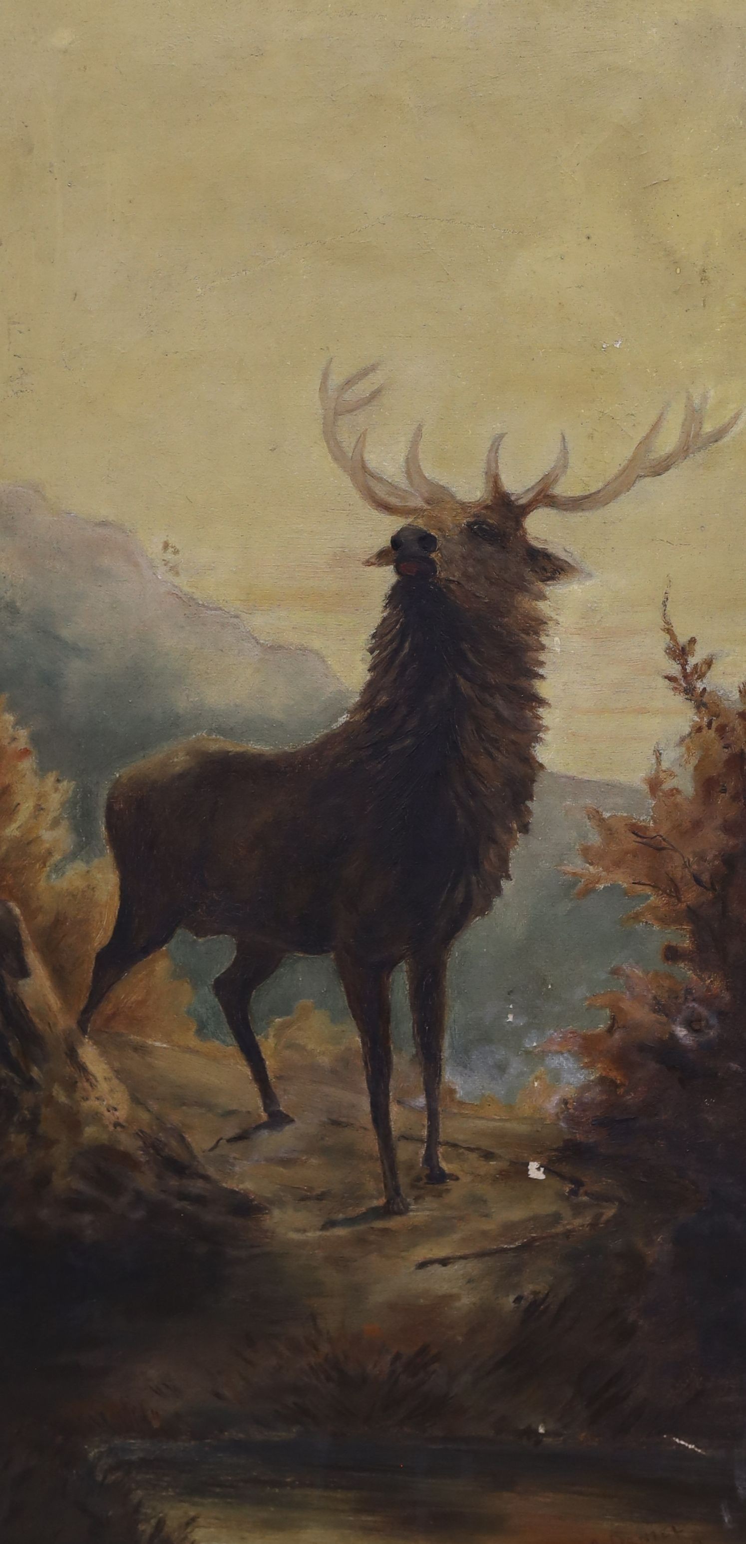 A. Daniel, oil on canvas, Stag in a landscape, signed and dated 1908, 60 x 30cm and a later oil of cottages along a lane, 35 x 45cm